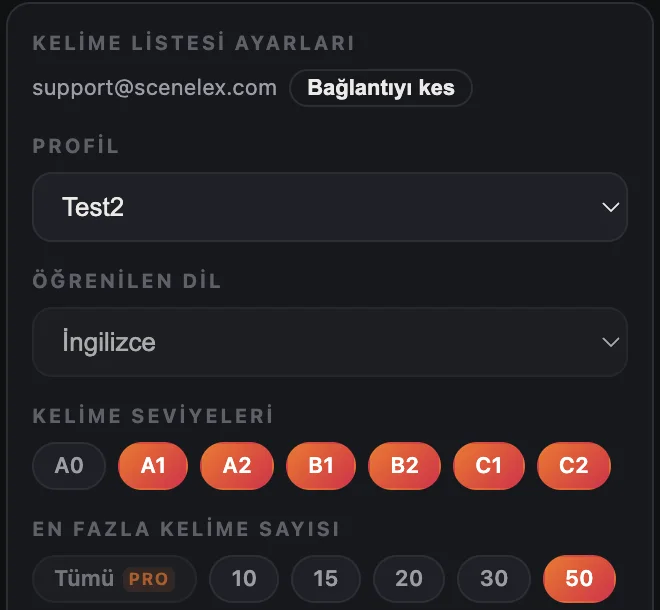 Scenelex liste ayarlarında profil, İngilizce öğrenme dili, kelime seviyeleri ve kelime sayısı seçimleri