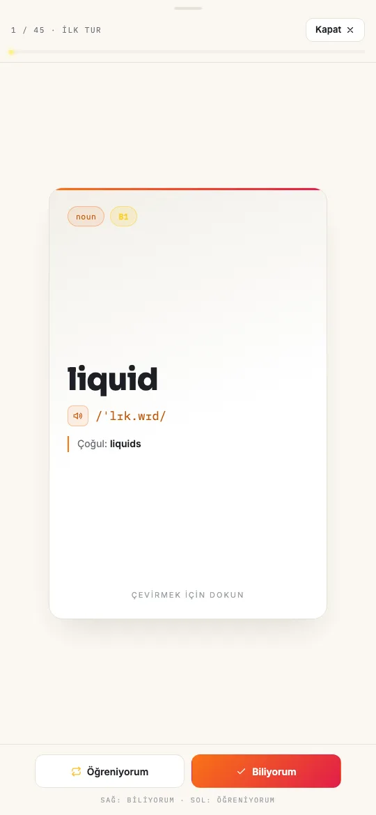 Telefonda Scenelex kelime kartı: liquid, B1 isim, IPA telaffuzu, çoğul hâli ve Biliyorum/Öğreniyorum düğmeleri